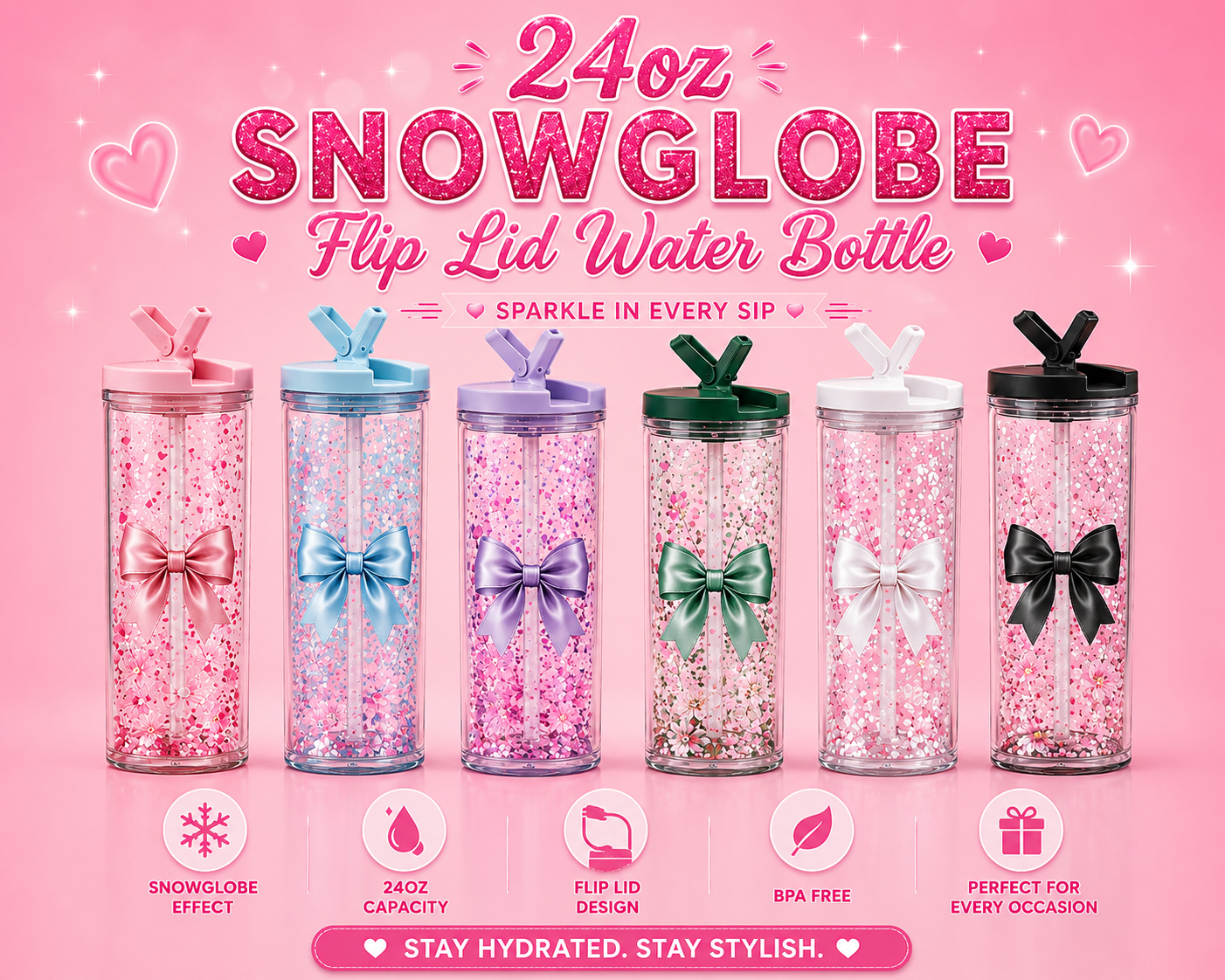 24oz Snowglobe Flip lid water bottle